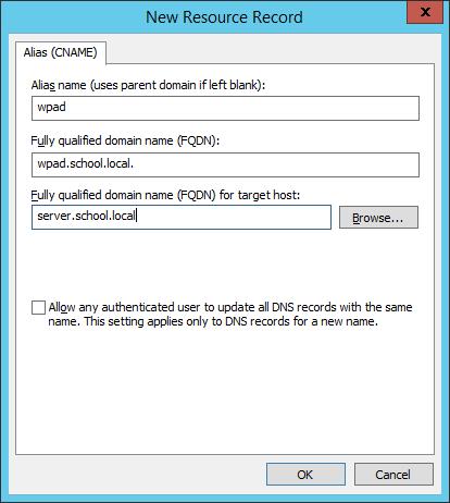 Windows/2012/Server Client/Προχωρημένα/Squid 126 Ορίζουμε "Alias Name" wpad και "Fully Qualified Domain Name" server.school.local.