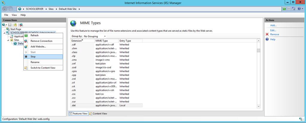 Windows/2012/Server Client/Προχωρημένα/Squid 129 Το νέο MIME Type εμφανίζεται μαζί με τα προηγούμενα. Επανεκκινούμε τον εξυπηρετητή Web με δεξί κλικ στο SERVER(SCHOOL/yper), Stop και Start.