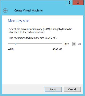 Windows/2012/Server Client/Προχωρημένα/VirtualBox 137 Επιλέξτε το μέγεθος της μνήμης που θέλετε να διαθέσετε για την λειτουργία της μηχανής όπως φαίνεται στη διπλανή εικόνα.