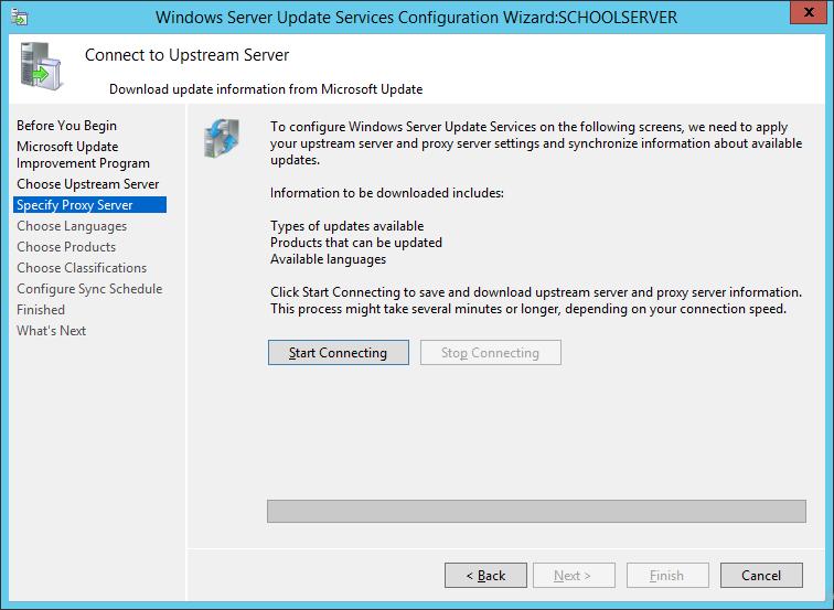 Windows/2012/Server Client/Προχωρημένα/WSUS 155 Πατάμε Start Connecting Επιλέγουμε ενημερώσεις