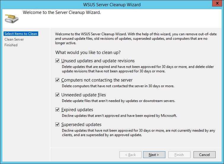 Windows/2012/Server Client/Προχωρημένα/WSUS 164 Από το Server Cleanup Wizard ελέγχουμε ότι δεν υπάρχουν περιττές ενημερώσεις που πλέον είναι out-of-date καθώς και σταθμοί εργασίας που πλέον δεν είναι