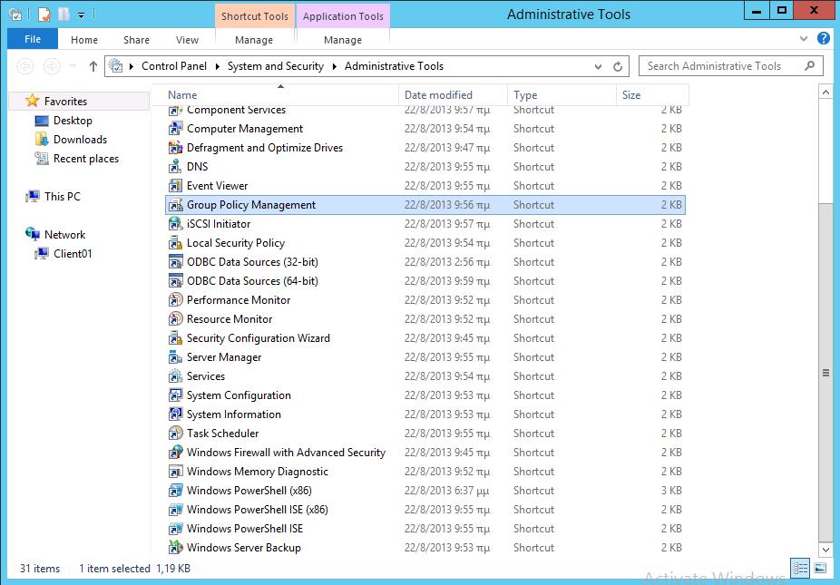 Windows/2012/Server Client/Διαμόρφωση 39 Όλες οι πολιτικές ομάδας δημιουργούνται και αποθηκεύονται στο "Group Policy Objects" μέσα στο school.