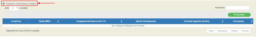 3. Με την επιλογή του check box «Υπάρχουν συσχετιζόμενες πράξεις» εμφανίζεται πίνακας για τη καταχώριση των πράξεων που σχετίζονται με την υπό υποβολή πράξη. 4.