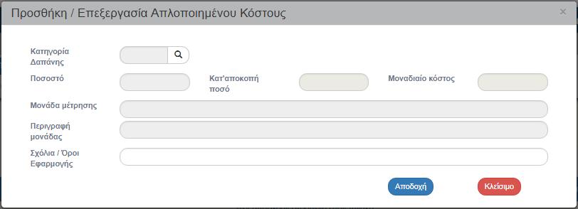 Με την επιλογή του πίνακα «Απλοποιημένο κόστος» εμφανίζεται το παρακάτω αναδυόμενο παράθυρο (η σχετική