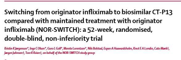 NOR-SWITCH N=482 ασθενείς υπό INF τυχαιοποιήθηκαν για 52 εβδ 241 INF 241 CT-P13 155 Crohn 93 UC 91 SpA 77 RA 30 PsA 35 Ps Επιδείνωση νόσου σε 53