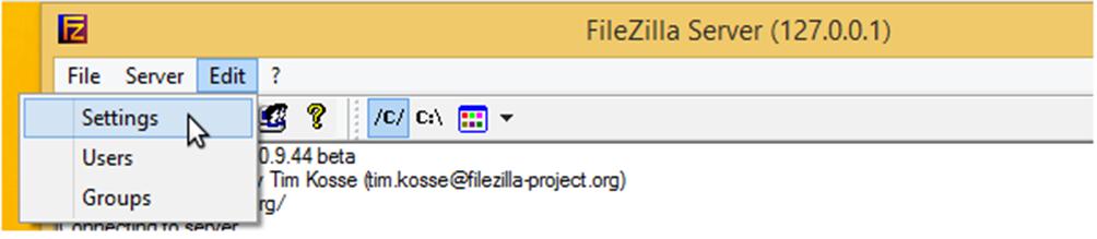 Εικόνα 2.12 Ρυθμίσεις ασφαλείας του προγράμματος Filezilla Για την αλλαγή της θύρας αρκεί να πάει ο χρήστης στο Edit Settings.
