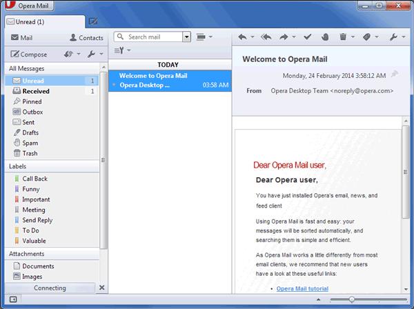 Κεφ. 2 Εφαρμογές και Υπηρεσίες στο Διαδίκτυο και τον Παγκόσμιο Ιστό 145 Opera Mail Μια εφαρμογή χρήσης ηλεκτρονικού ταχυδρομείου από τους δημιουργούς του γνωστού φυλλομετρητή Opera.