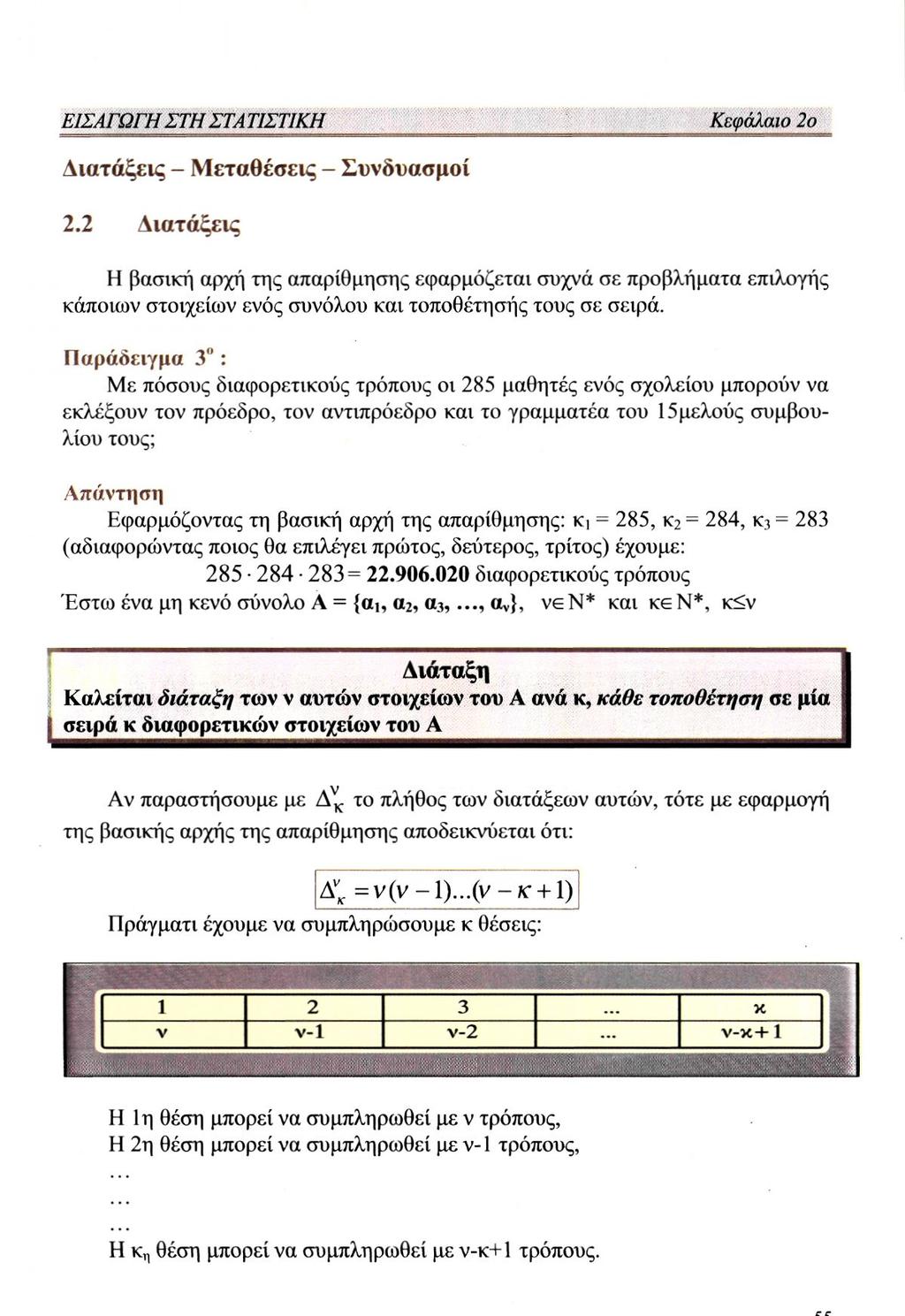 Διατάξεις - Μεταθέσεις - Συνδυασμοί 2.2 Διατάξεις Η βασική αρχή της απαρίθμησης εφαρμόζεται συχνά σε προβλήματα επιλογής κάποιων στοιχείων ενός συνόλου και τοποθέτησής τους σε σειρά.