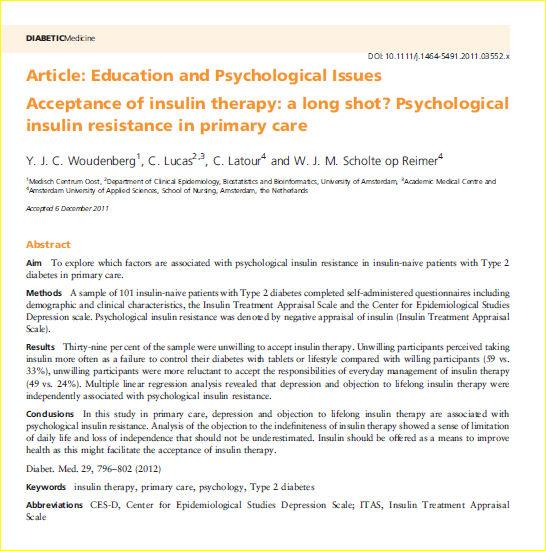 Conclusions In this study in primary care, depression and objection to lifelong insulin therapy are associated with psychological insulin resistance.