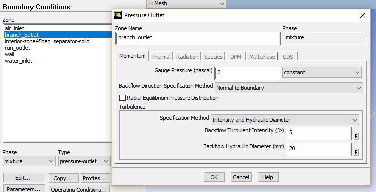 Run_outlet / Branch_outlet Επιλέχθηκε στο phase το μίγμα, mixture, στο type η πίεση εξόδου, pressure-outlet, και έπειτα η εντολή Edit.