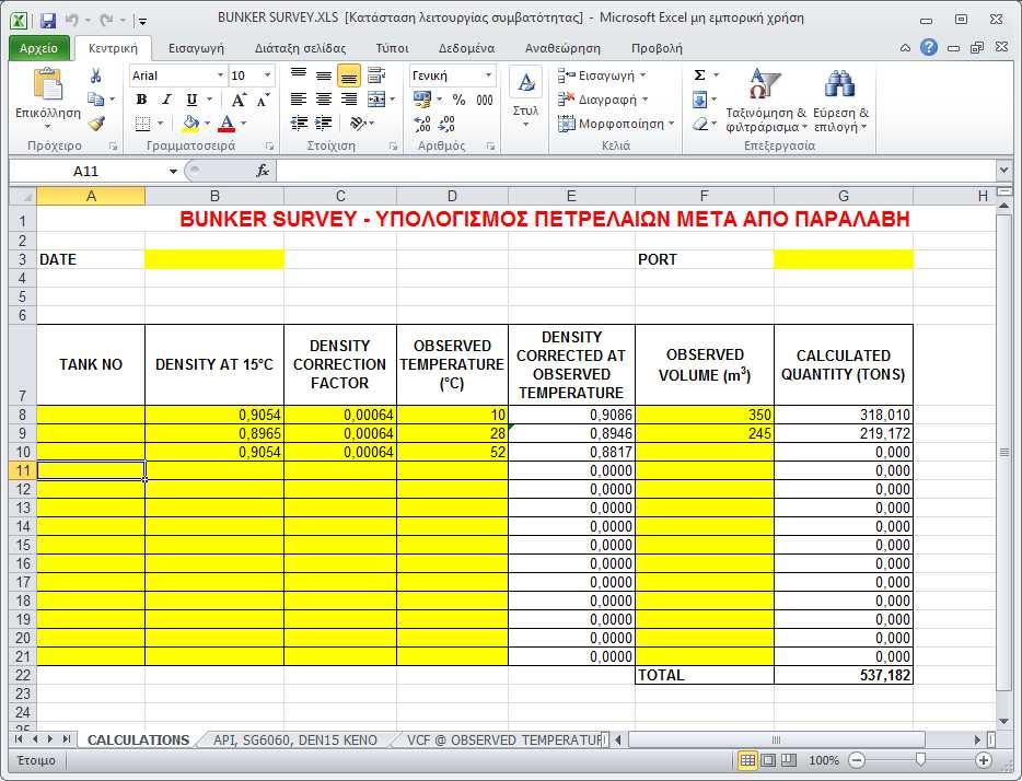 4.3 Εργασίες Αξιωµατικών Μηχανής Οι εργασίες µηχανής απαιτούν κυρίως τη χρήση του Microsoft Excel οπότε θα αναφέρουµε διάφορα παραδείγµατα χρήσης αυτού του προγράµµατος. 4.3.1 Υπολογισµοί παραλαβής