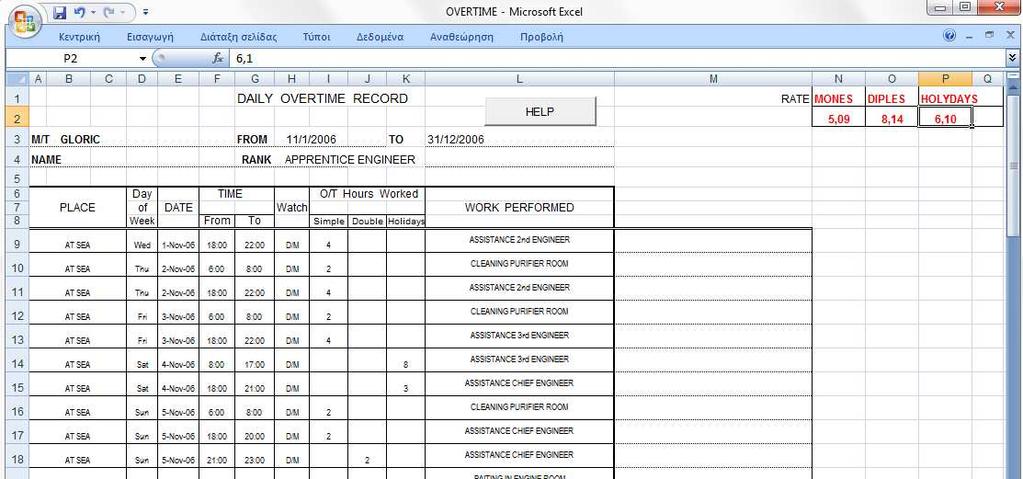 4.3.8 Υπερωρίες πληρώµατος µηχανοστασίου (Overtime) Είδος λογισµικού: Microsoft Excel Στην παρακάτω φόρµα Excel απεικονίζονται οι καθηµερινές υπερωρίες ενός εκ του πληρώµατος