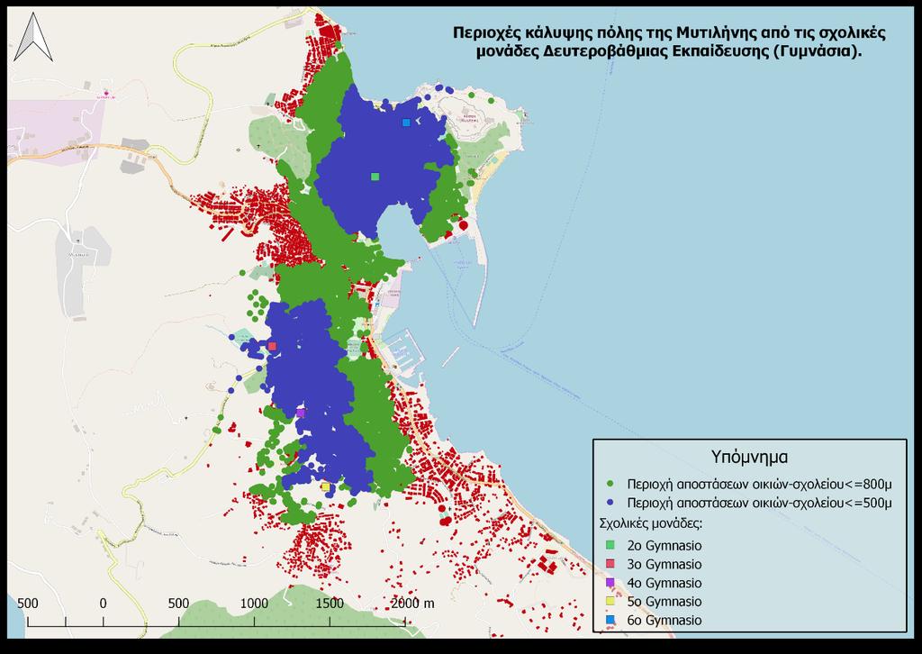 Χατζηπαρασκευάς Ευριπίδης Χάρτης 4: Περιοχές κάλυψης με κριτήριο απόστασης 500 και 800μ (επεξεργασία QGis, pgrouting plugin) Όσον αφορά την χωρητικότητα των σχολείων, η υπ.