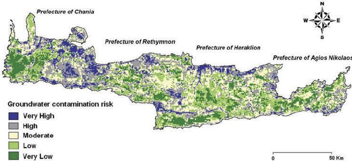 Εικόνα 1.7. Χάρτης κινδύνου μόλυνσης των υπογείων υδάτων της νήσου Κρήτης [13] 1.9.