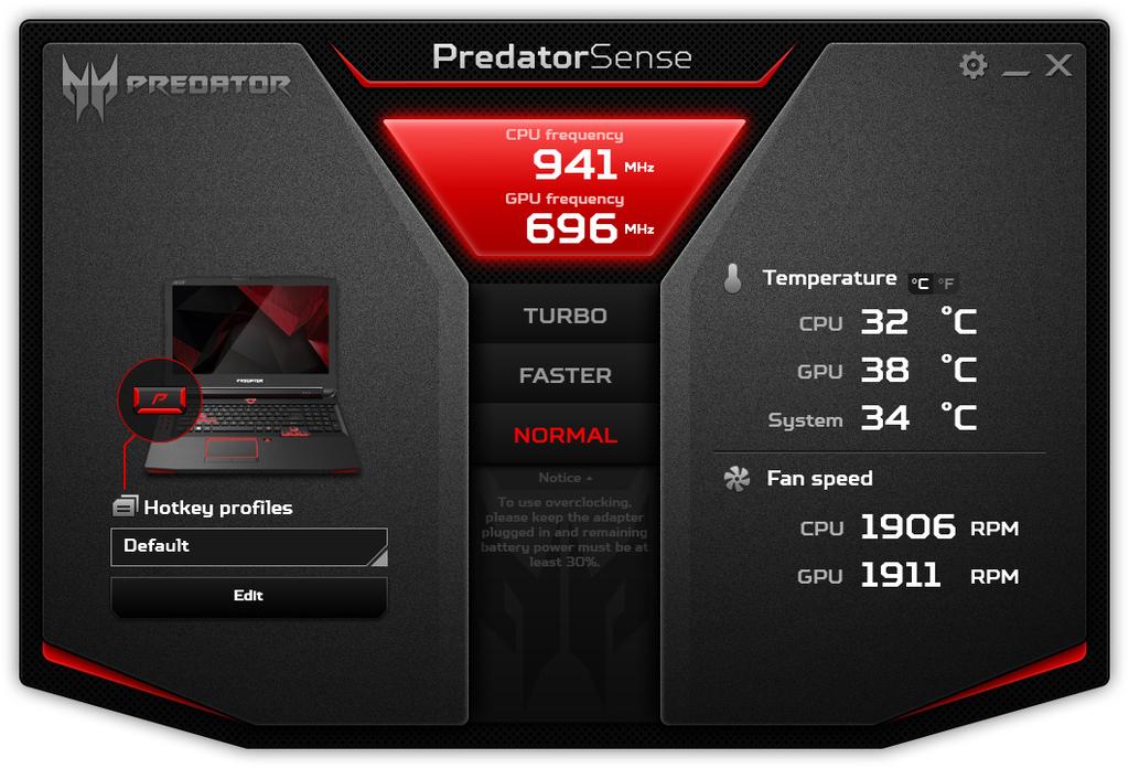 44 - PredatorSense PREDATORSENSE Το PredatorSense σας βοηθά να παίρνετε το προβάδισμα στα παιχνίδια σας, δεδομένου ότι σας επιτρέπει να υπερχρονίζετε επεξεργαστές, να εγγράφετε μακροεντολές και να