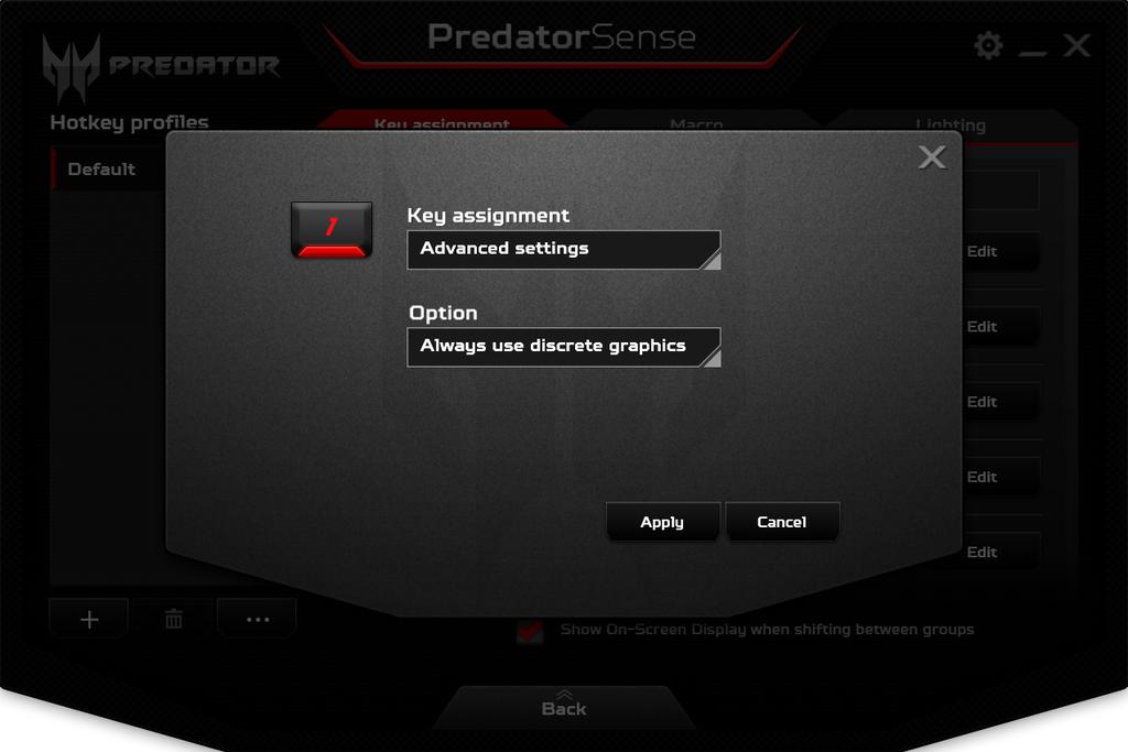 PredatorSense - 47 Κάντε κλικ στο [Edit] (Επεξεργασία) δίπλα στο πλήκτρο συντόμευσης που προτιμάτε και επιλέξτε την ενέργεια που θα εκτελεί το συγκεκριμένο πλήκτρο συντόμευσης.