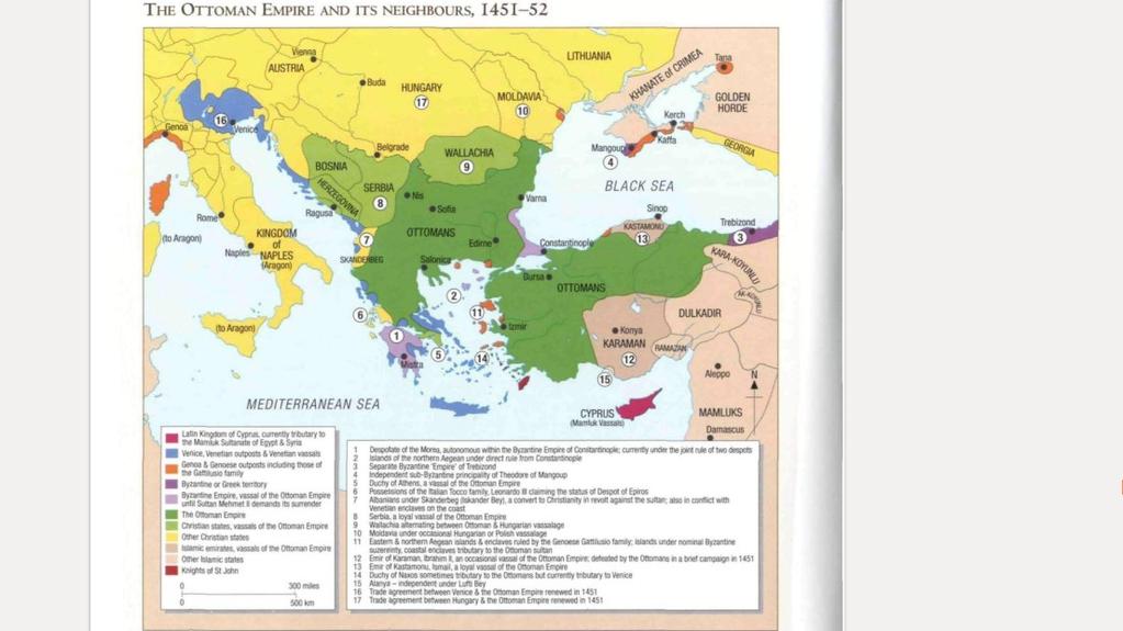 Χάρτης 13: Η διοικητική έκταση της Οθωμανικής Αυτοκρατορίας λίγο πριν την άλωση της Κωνσταντινούπολης Πηγή: Nicolle, Haldo, Turnbull (2007) Η Νοτιανατολική Ευρώπη έμελλε να δοκιμάσει την τελευταία