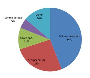 γώπα Boops boops (24%) και σκορπίνες Scorpaena spp. (13%) (Εικόνα 1.2.6), ενώ στις συλλήψεις των μεσαίων μανωμένων (40, 50 και 60 mm, Tr2), που χρησιμοποιούνται καλοκαίρι και φθινόπωρο, κυριαρχούσαν οι σκορπίνες Scorpaena spp.
