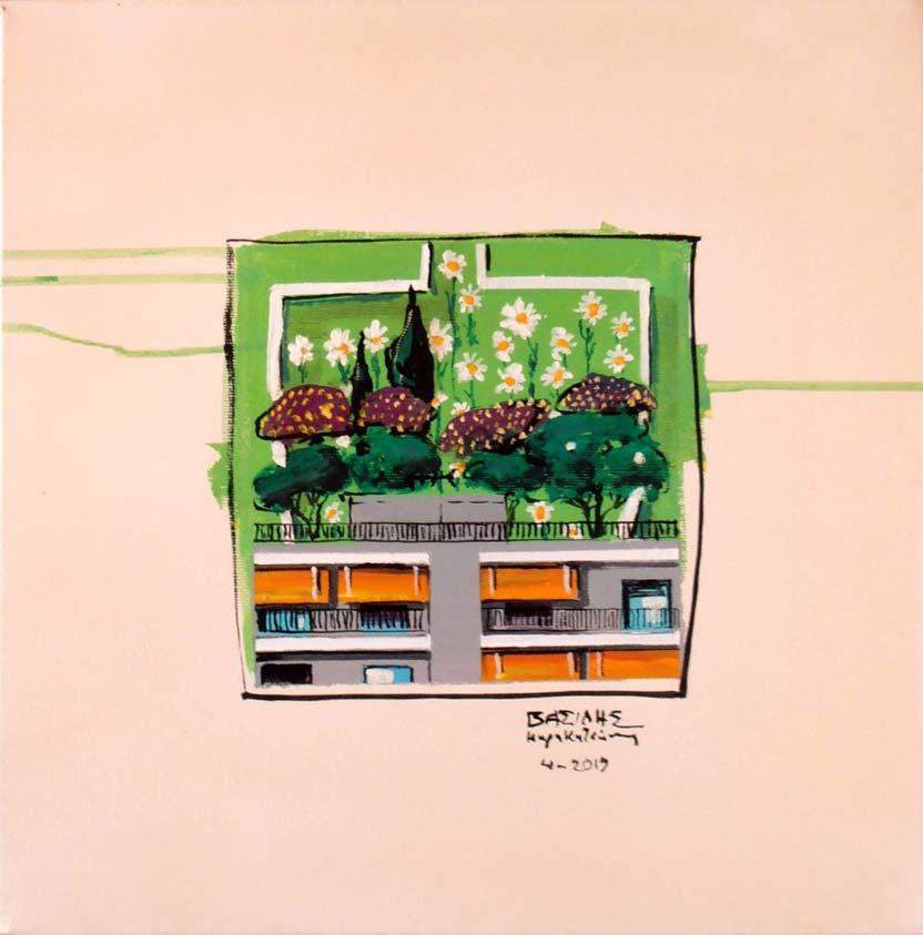 Distinct District No45' 2019, 035X035cm. acrylic, gouache & oil on canvas Σύντομο Βιογραφικό Βασίλης Καρακατσάνης Ο Βασίλης Καρακατσάνης γεννήθηκε στην Αθήνα το 1957 όπου ζει και εργάζεται.