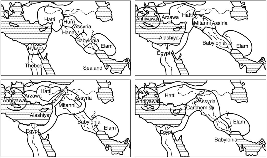184 Josué J. Justel Fig. 3. The Ancient Near East during the Late Bronze Age (Liverani 2013, 279). Above, left: The formation period, ca. 1600 BC; below, left: The hegemony of Egypt and Mittani, ca.
