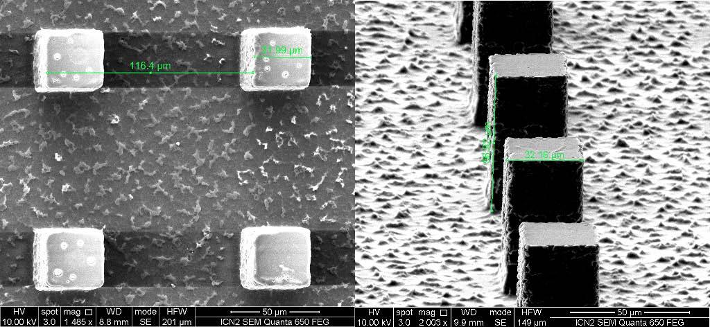Σχήμα 3.11: SEM εικόνες των τετράγωνων μικρο-στύλων (d=32μm, h=60μm, w=83μm). Κλείνοντας, παρουσιάζεται μια παραμετρική ανάλυση από κάθετες αυλακώσεις με διαφορετικό ποσοστό κάλυψης (filling factor).