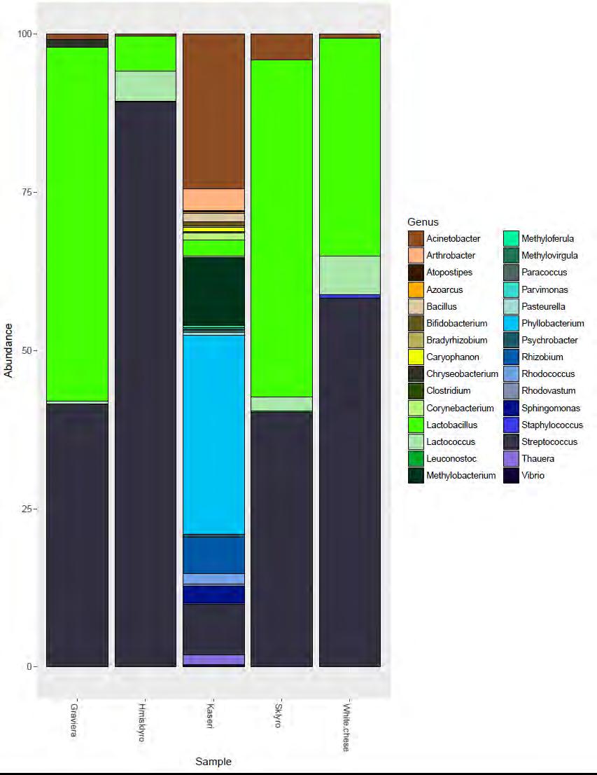 Αναφορικά με τα γένη των βακτηρίων στα δείγματα του λευκού τυριού, της γραβιέρας, του ημίσκληρου και του σκληρού τυριού ταυτοποιήθηκαν πέντε γένη βακτήριων, ενώ στο δείγμα του κασεριού ταυτοποιήθηκαν