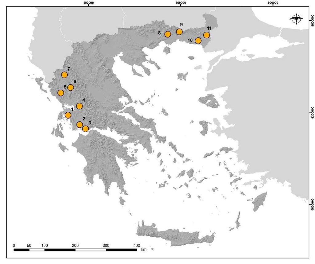 Griffon Vulture census areas 1. Mt. Akarnanika Ori (3 view points) 2. Mt Arakynthos (3 view points) 3. Mt. Varasova (1 view point) 4. Mt Ori Valtou (2 view points) 5. Souli area (2 view points) 6.