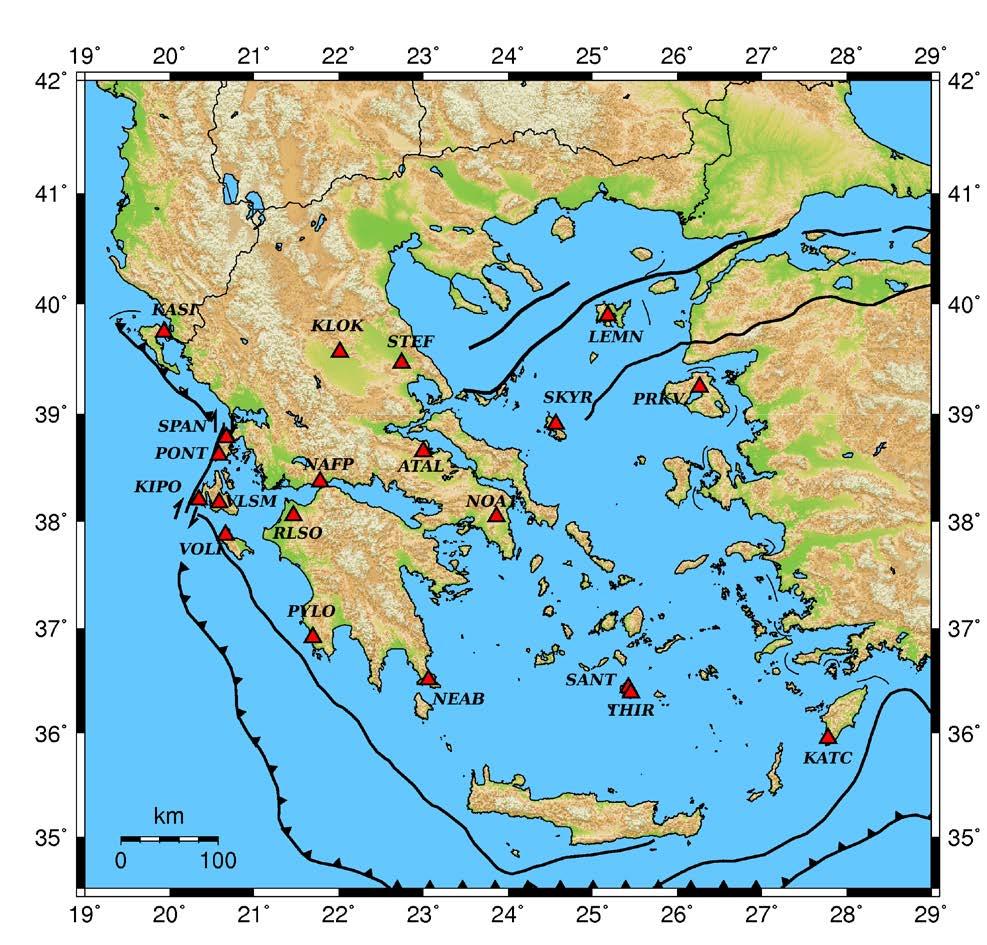 Εικόνα 3.2.3-1. Χάρτης δικτύου GPS του Γεωδυναμικού Ινστιτούτου. Επιπλέον, συνεχίστηκαν οι συνεργασίες τόσο με τα Ελληνικά πανεπιστήμια - πολυτεχνεία (ΕΜΠ, ΑΠΘ, ΕΚΠΑ, Πάτρα, Πολ.