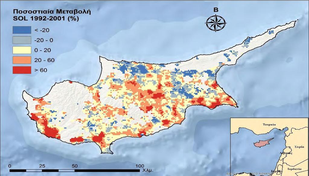 ΑΠΟΤΕΛΕΣΜΑΤΑ Εντούτοις, ο πιο πάνω χάρτης δεν μας επιτρέπει ποσοτικοποιήσουμε τη διαχρονική εξέλιξη της αστικοποίησης παρά μόνο να παρατηρήσουμε οπτικά τις μεταβολές στην ένταση του φαινομένου αλλά