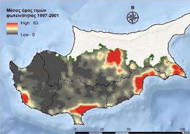 ΑΠΟΤΕΛΕΣΜΑΤΑ Σχήμα 5.4: Μέσος όρος τιμών φωτεινότητας για τις ελεύθερες περιοχές της Κύπρου ανά πενταετία Πηγή: Ιδία επεξεργασία Οι εικόνες του σχήματος 5.6.