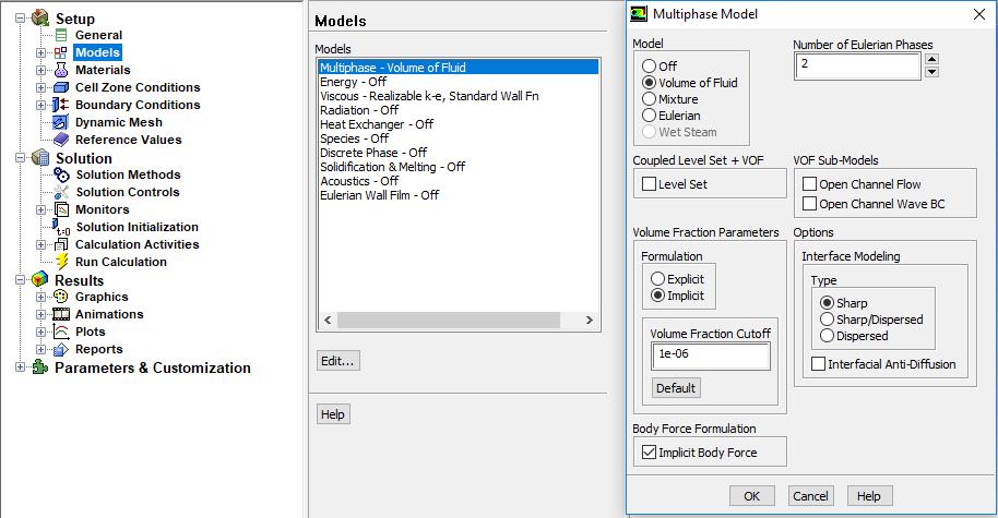 Σχήμα 41: Επιλογή πολυφασικού μοντέλου VOF.
