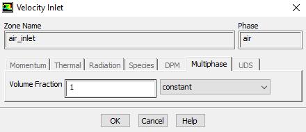 Στο παράθυρο διαλόγου που ανοίγει και στην καρτέλα Multiphase ορίζεται η τιμή 1 (μόνο αέρας) για το μέγεθος Volume Fraction, Σχήμα 49. Σχήμα 49: Ρύθμιση εισαγωγής μόνο αέρα στη ζώνη air_inlet.