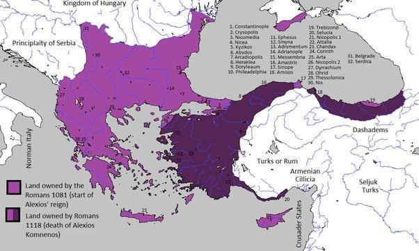 Σε ανοικτό χρώμα η έκταση του Βυζαντίου το έτος 1081 όταν στον θρόνο ανέβηκε ο Αλέξιος Α Σε σκούρο χρώμα η έκταση του Βυζαντίου το έτος