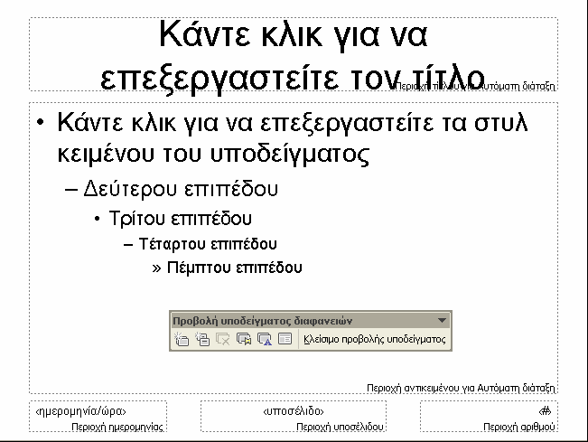 1. Επιλέγουµε Υπόδειγµα Υπόδειγµα διαφανειών από το µενού Προβολή, οπότε η οθόνη παίρνει την παρακάτω µορφή. 2.