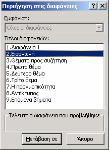 Πατώντας το πλήκτρο ή κάνοντας κλικ µε το δεξί κουµπί του ποντικιού εµφανίζεται το παρακάτω µενού, το οποίο περιέχει επιλογές σχετικές µε την προβολή παρουσίασης. Έτσι π.χ. αν επιλέξουµε Προηγούµενο µετακινούµαστε στην προηγούµενη διαφάνεια.