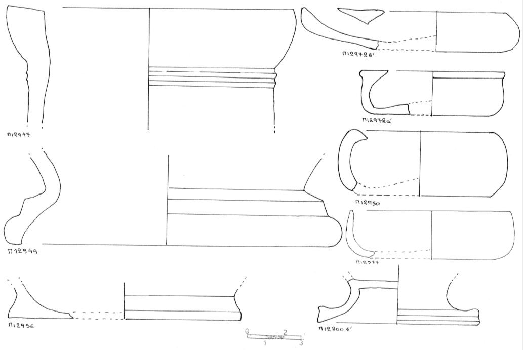 Εικόνα 11. Σχέδια χαρακτηριστικών τύπων αγγείων από τις τομές 11, 30 & 4. Κατά μήκος της τομής, προς ΒΑ, και σε βάθος 0,75 μ.
