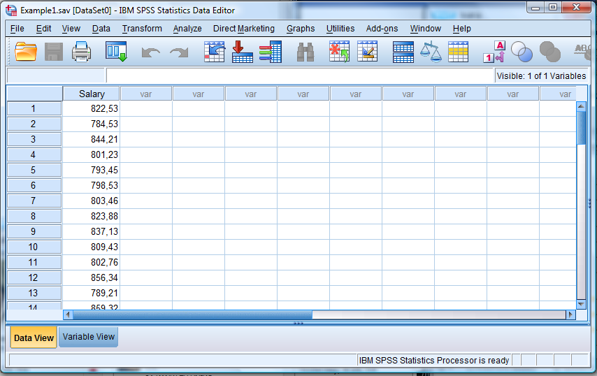 Επιμέλεια: Κ.Χ.Καραματσούκης 63 Λύση: Αρχικά περνάμε όπως ϕαίνεται στο παρακάτω σχήμα, τα παραπάνω δεδομένα στο SPSS σε μια στήλη (μεταβλητή Salary) στην οποία έχουμε 40 περιπτώσεις (cases).