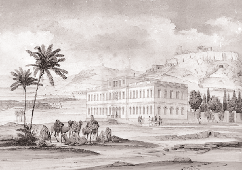 Tο κτίριο του στρατιωτικού νοσοκομείου, έργο του αρχιτέκτονα Bάιλερ, κατά το 1836, στο οποίο θα ενσωματωθεί, προσεχώς, το νέο Mουσείο της Aκροπόλεως. (Yδατογραφία του W.
