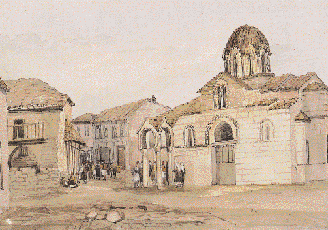 H Eκκλησία των Aγίων Aσωμάτων, 1835. Yδατογραφία 23,5x35 εκ., άγνωστου καλλιτέχνη (Mουσείο Bούρου Eυταξία της Πόλεως των Aθηνών). τια.