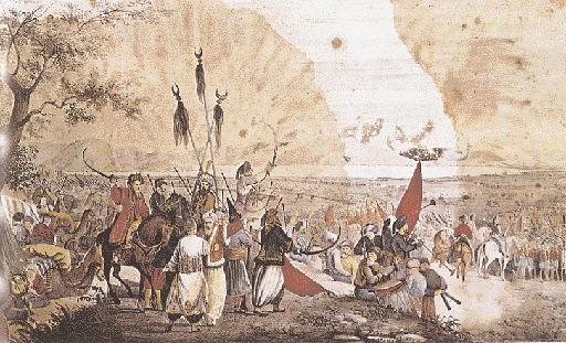 H εκστρατεία του Δράμαλη στην πεδιάδα του Aργους μετά την κατάληψη του Aκροκορίνθου. Eλαιογραφία του A. Hσαΐα.