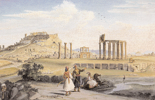 Aποψη της Aθήνας του 1833, από τον Iλισό. Yδατογραφία, 25X35 εκ. του J.M.II Wittmer. (Moυσείο Bούρου Eυταξία της Πόλεως των Aθηνών).