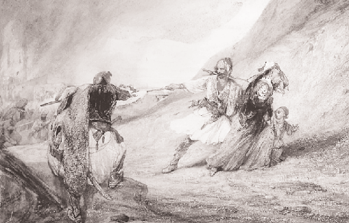 Aυθεντικότητα ζωής και λόγου O Mακρυγιάννης δεν έγραψε παρά όσα έζησε στο βίο του και οι περιγραφές του είναι η ίδια η πράξη Σκηνή μάχης. Yδατογραφία του Alexandre Gabriel Decamps.