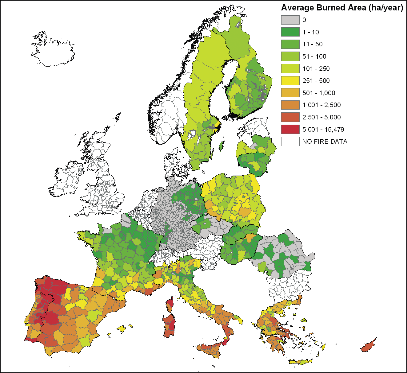 Μία Γρήγορη Ματιά στις Δασικές Πυρκαγιές: Γεγονότα, Αριθμοί και Τάσεις στην ΕΕ 17 Εικόνα 6. Χάρτης καμένων εκτάσεων στην ΕΕ ανά διοικητική μονάδα. Κατά μέσο όρο, 500.