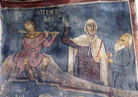 Κυρίως Βυζαντινή περίοδος 62. Βοσκός παίζει πλαγίαυλο (πρόγονος του σύγχρονου φλάουτου), λεπτομέρεια από την παράσταση της Γέννησης, Παναγία Θεοτόκος, Τρίκωμο, αρχές 12ου αιώνα.