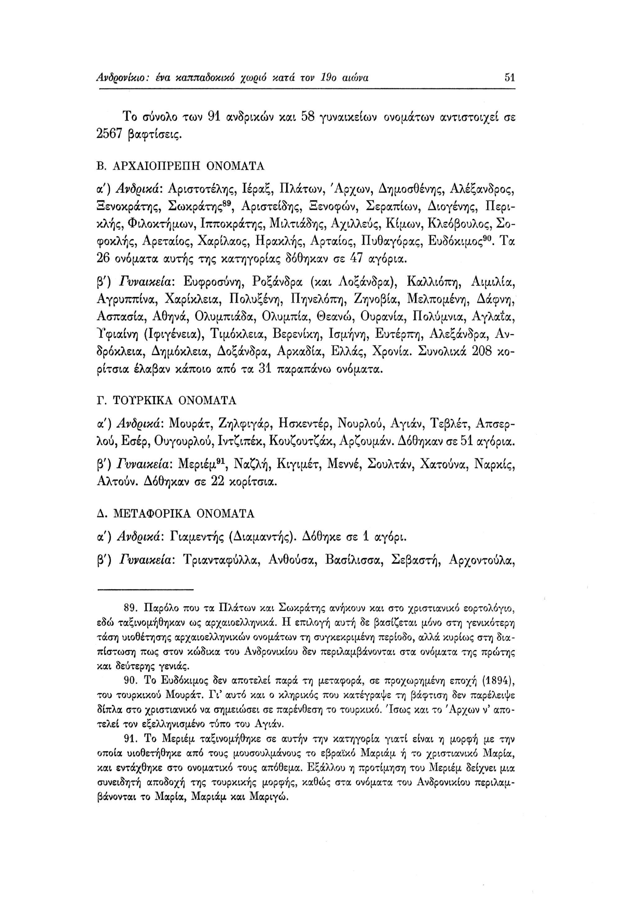 Ανδρονίκιο: ένα καππαδοκικό χωριό κατά τον 19ο αιώνα 51 Το σύνολο των 91 ανδρικών και 58 γυναικείων ονομάτων αντιστοιχεί σε 2567 βαφτίσεις. Β.