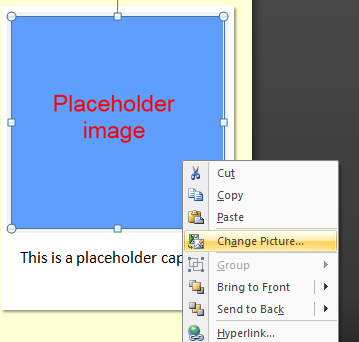 Για να αλλάξετε την εικόνα στο PowerPoint, κάντε δεξί κλικ στο μπλε πλαίσιο κράτησης θέσης (placeholder) και επιλέξτε «Αλλαγή Εικόνας (Change Picture)» από το πτυσσόμενο μενού.