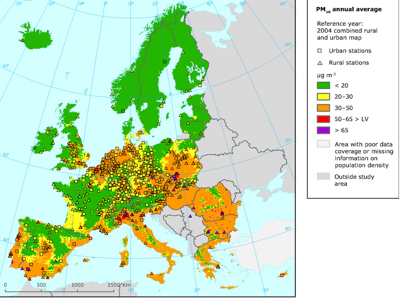 Εικόνα 3: Συγκεντρώσεις PM 10 στην Ευρώπη το 2004 (Πηγή: