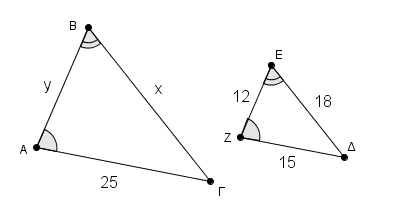 Τα παρακάτω τρίγωνα ΑΒΓ και ΔΕΖ έχουν Α = Ζ, Β = Ε και ΑΓ=25, ΕΖ=12, ΕΔ=18 και ΖΔ=15. α) Να αποδείξετε ότι τα τρίγωνα ΑΒΓ και ΔΕΖ είναι όμοια.