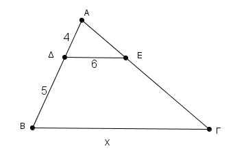 Στο σχήμα που ακολουθεί, το τμήμα ΔΕ είναι παράλληλο στην πλευρά ΒΓ του τριγώνου ΑΒΓ και επιπλέον ισχύουν ΑΔ=4, ΔΒ=5 και ΔΕ=6. α) Να αποδείξετε ότι τα τρίγωνα ΑΒΓ και ΑΔΕ είναι όμοια.
