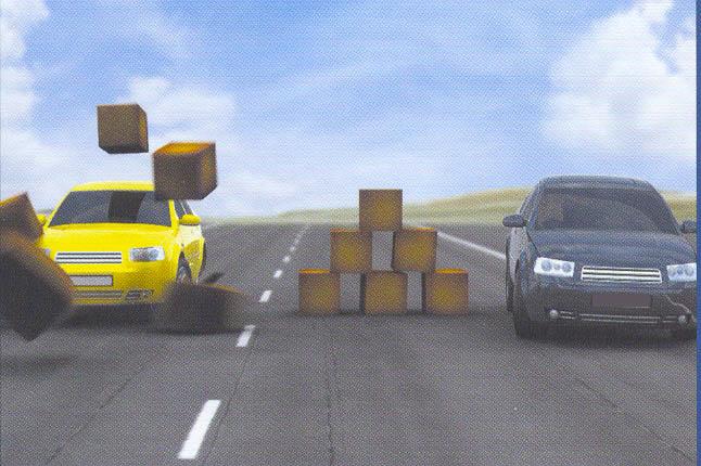 Εικόνα 68: Το κίτρινο όχημα φρενάρει χωρίς ABS, όμως η πορεία του είναι ευθεία παρόλο που ο οδηγός έχει στρίψει το τιμόνι δεξιά για να αποφύγει το εμπόδιο.